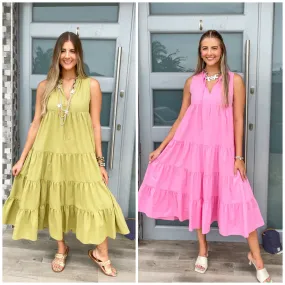 TIERED SOLID MIDI DRESS