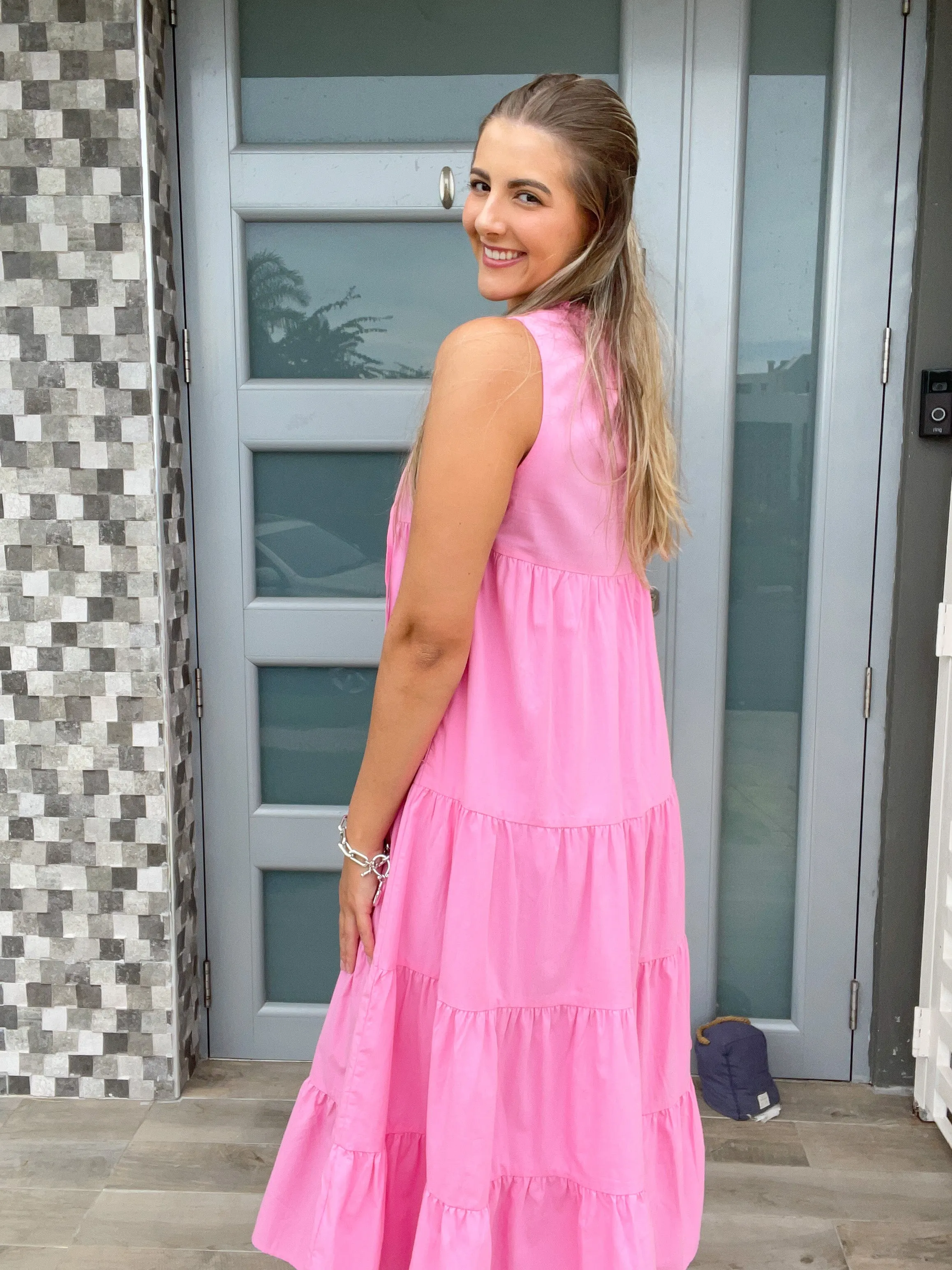 TIERED SOLID MIDI DRESS