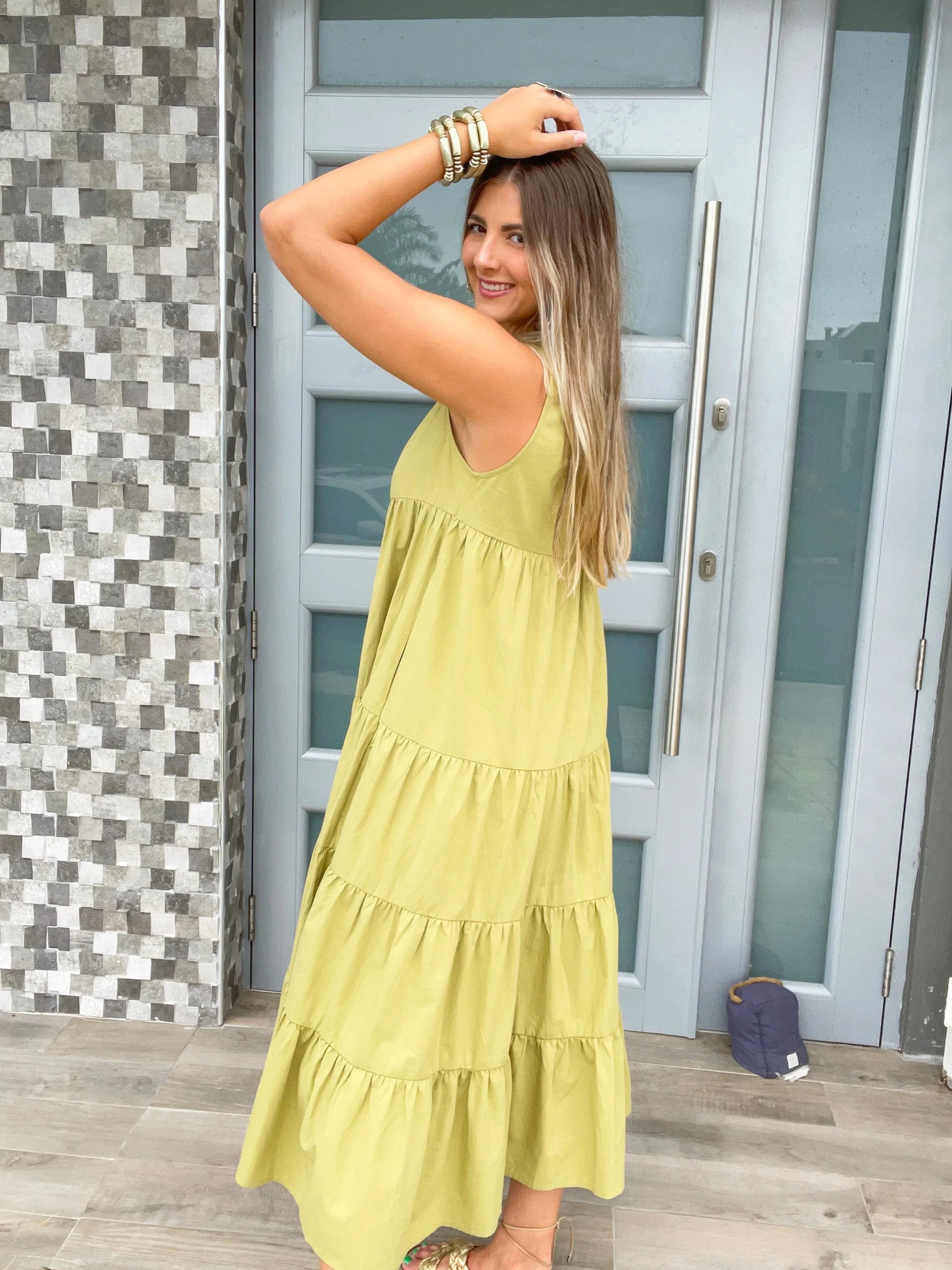 TIERED SOLID MIDI DRESS
