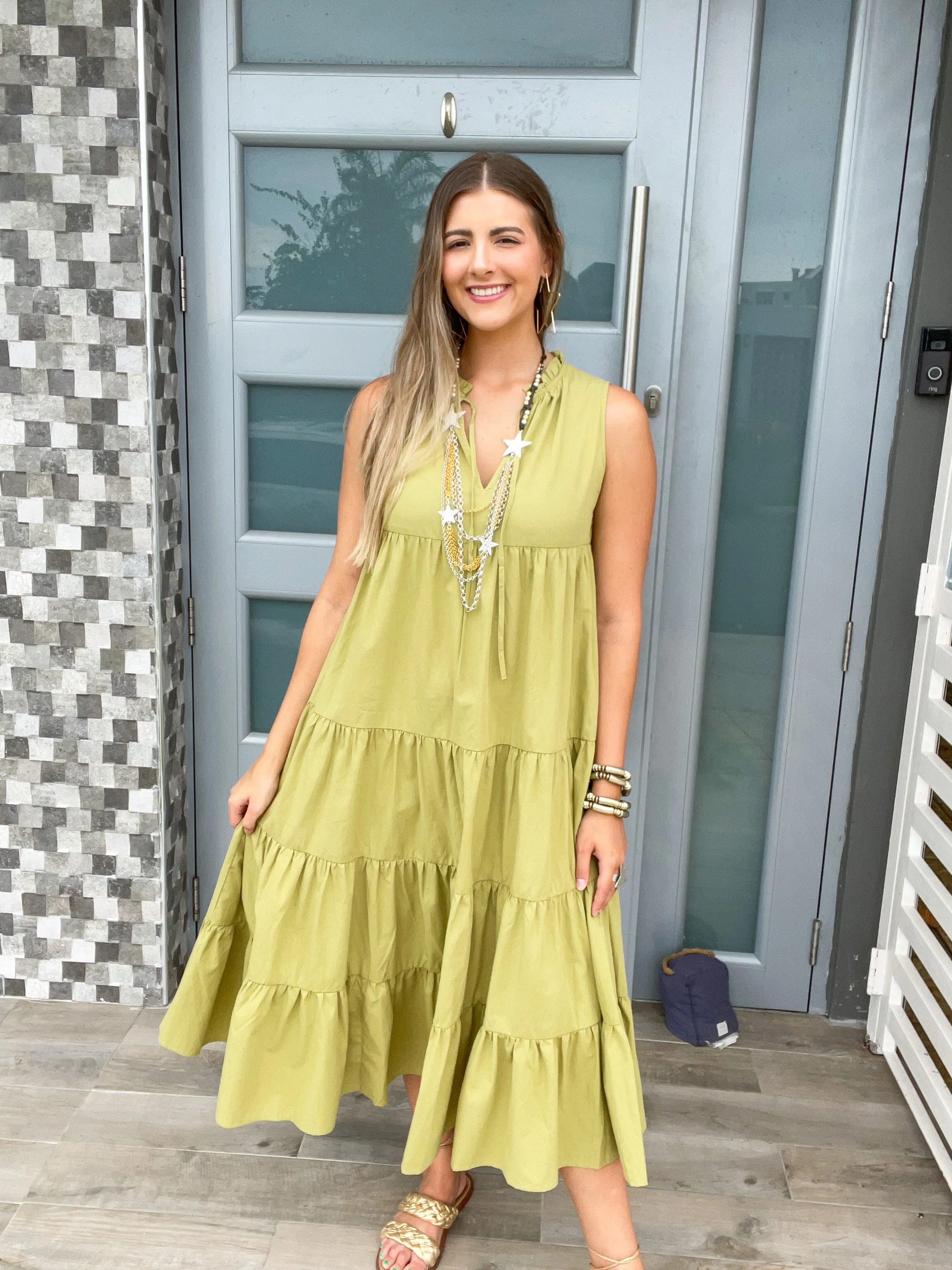 TIERED SOLID MIDI DRESS