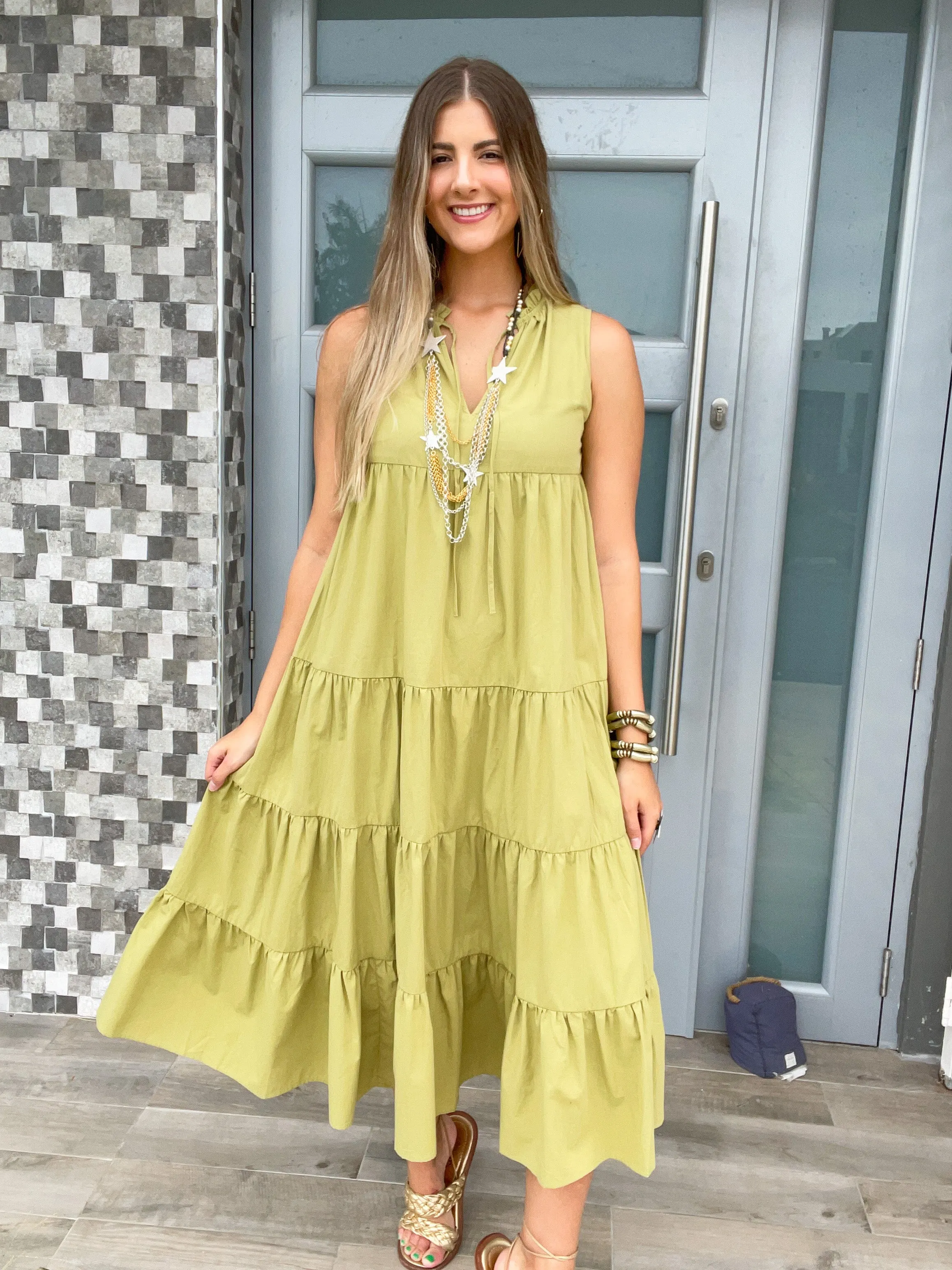 TIERED SOLID MIDI DRESS