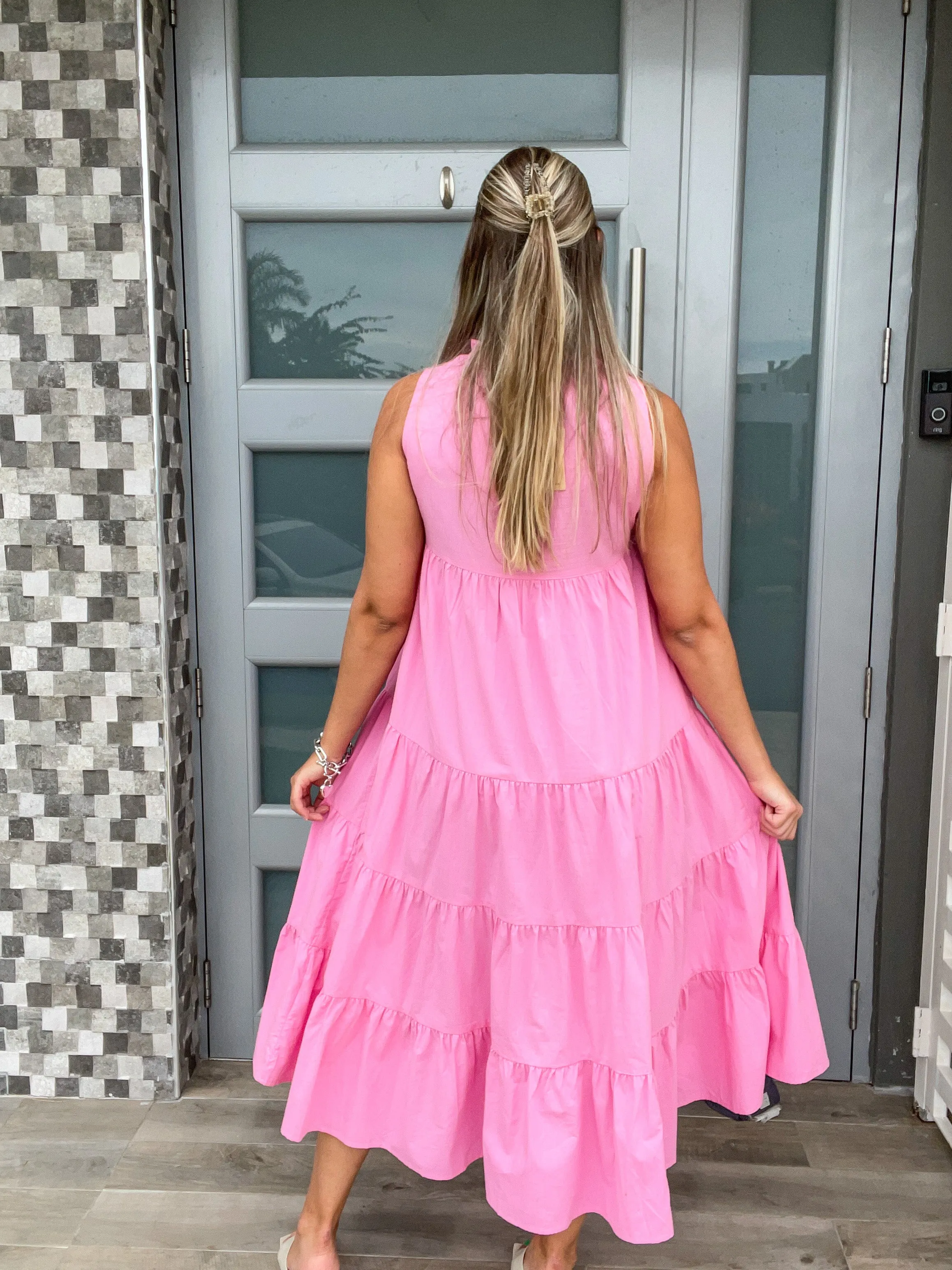 TIERED SOLID MIDI DRESS