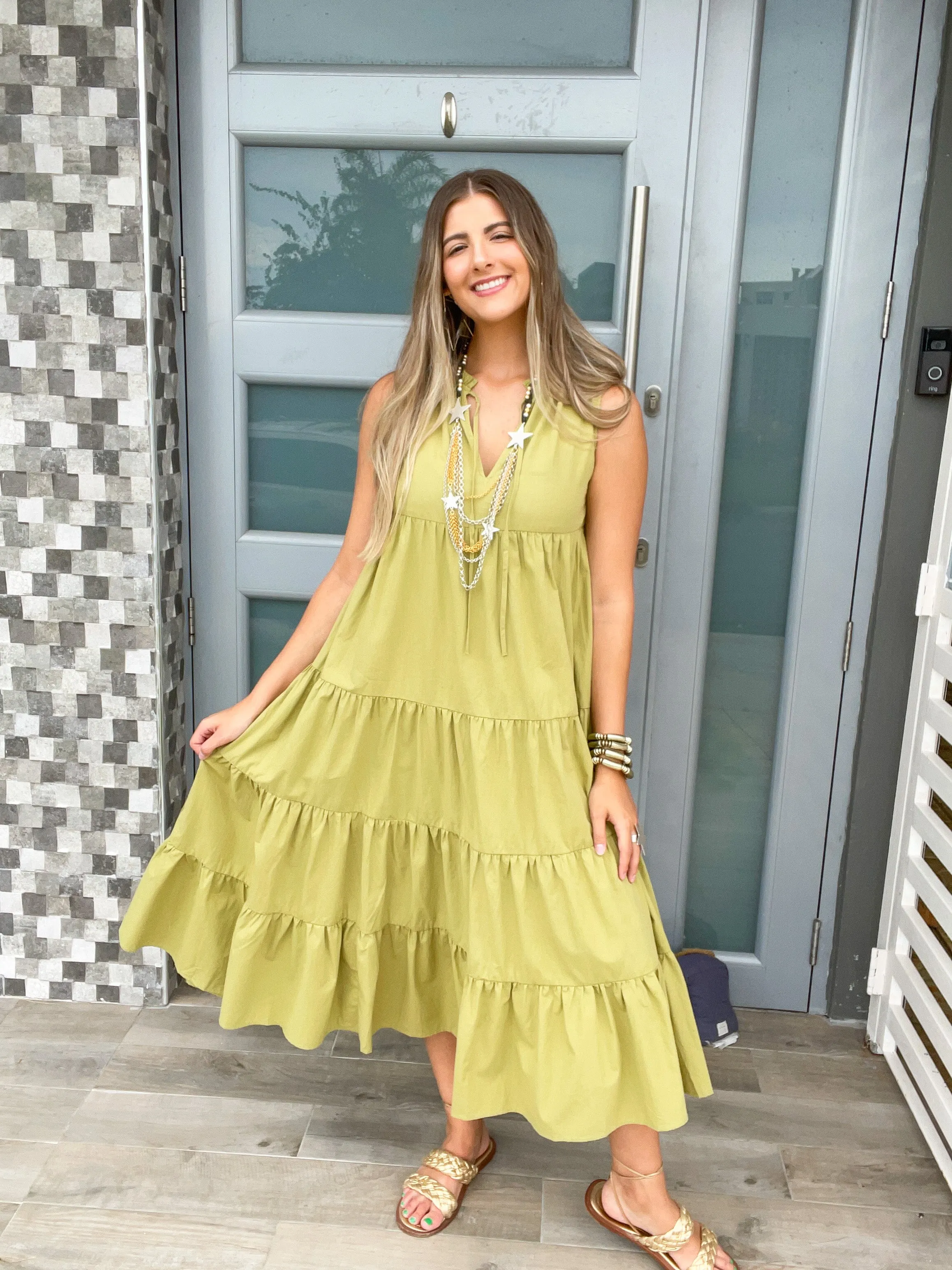 TIERED SOLID MIDI DRESS