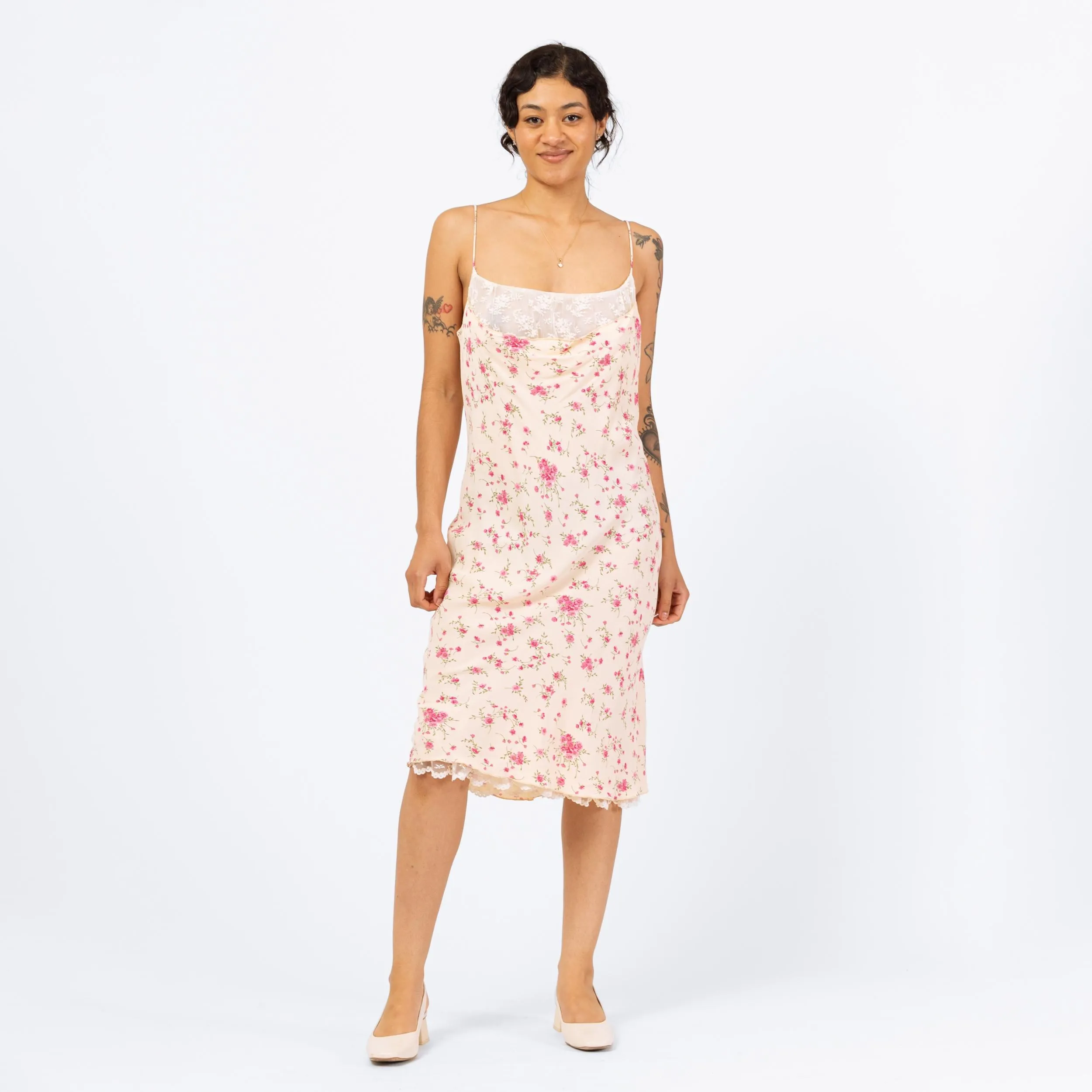 Vintage 90s Hugo Buscati Floral Lace Bust Midi Slip Dress - Large