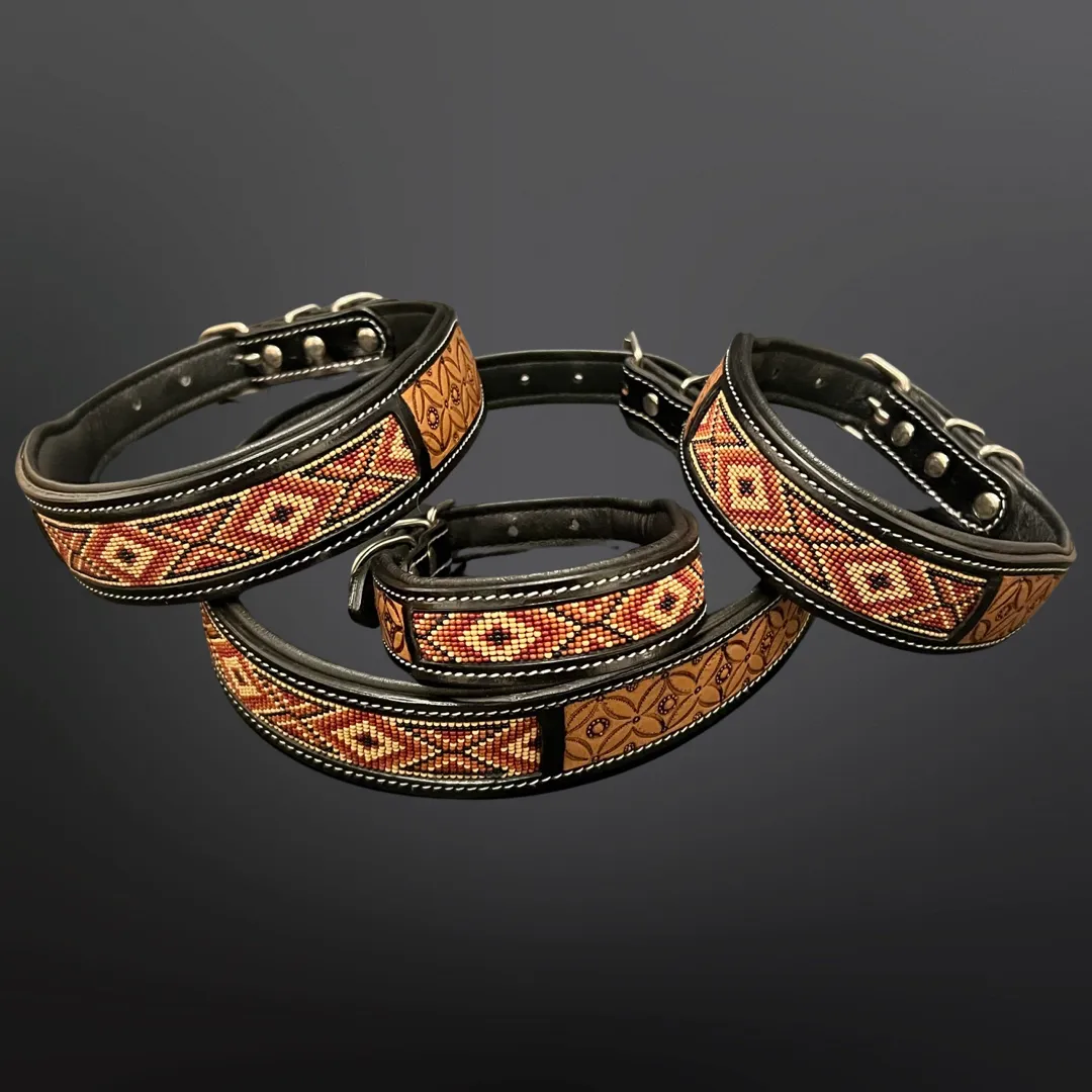 Western Beaded Dog Collar - Tooled Leather