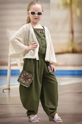 Western Green Sleeveless Dhoti Set With Crochet Overcoat For Girls