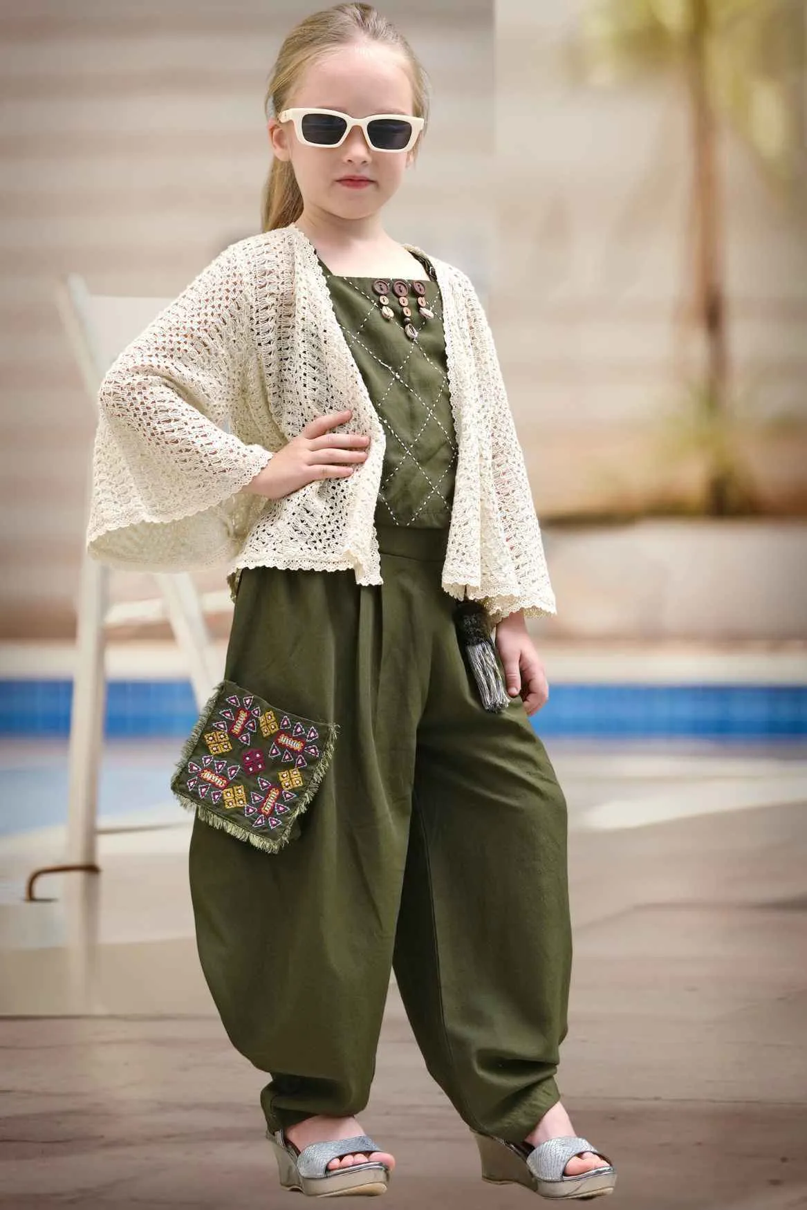 Western Green Sleeveless Dhoti Set With Crochet Overcoat For Girls