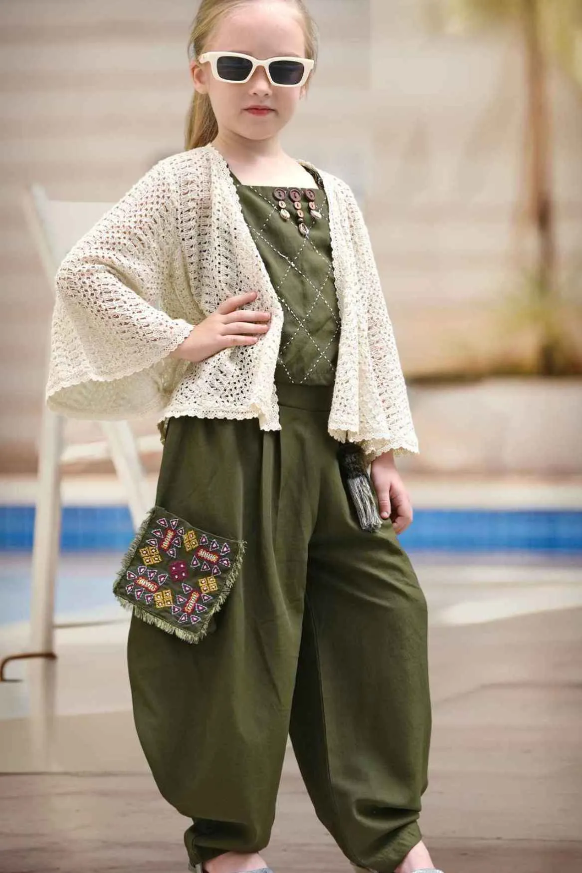 Western Green Sleeveless Dhoti Set With Crochet Overcoat For Girls