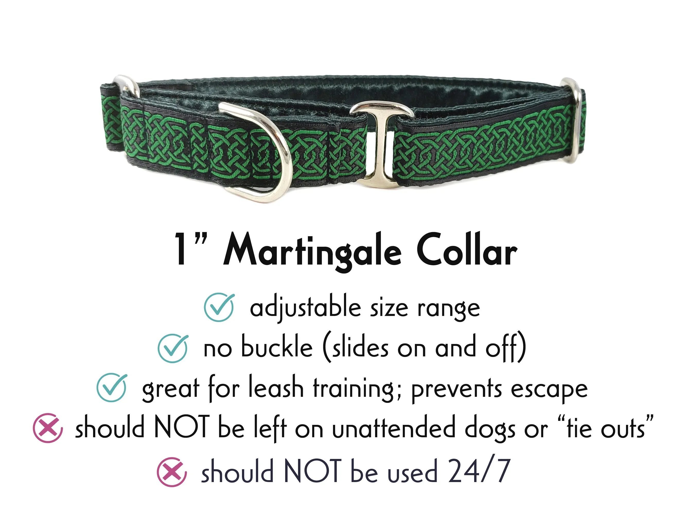 Wexford Celtic Braid in Black & Green - Martingale Dog Collar or Buckle Dog Collar - 1" Width