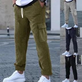 Wiaofellas  -  Autumn And Winter Mens Corduroy Trousers Solid Color Sports Pants Loose Straight Multi-Pocket Work Style Casual Pants For Men