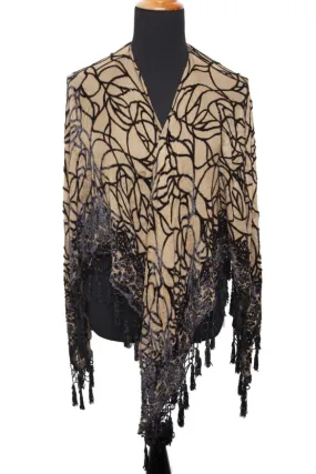 Winchester Burnout Beaded Fringe Beige Open Poncho Shawl