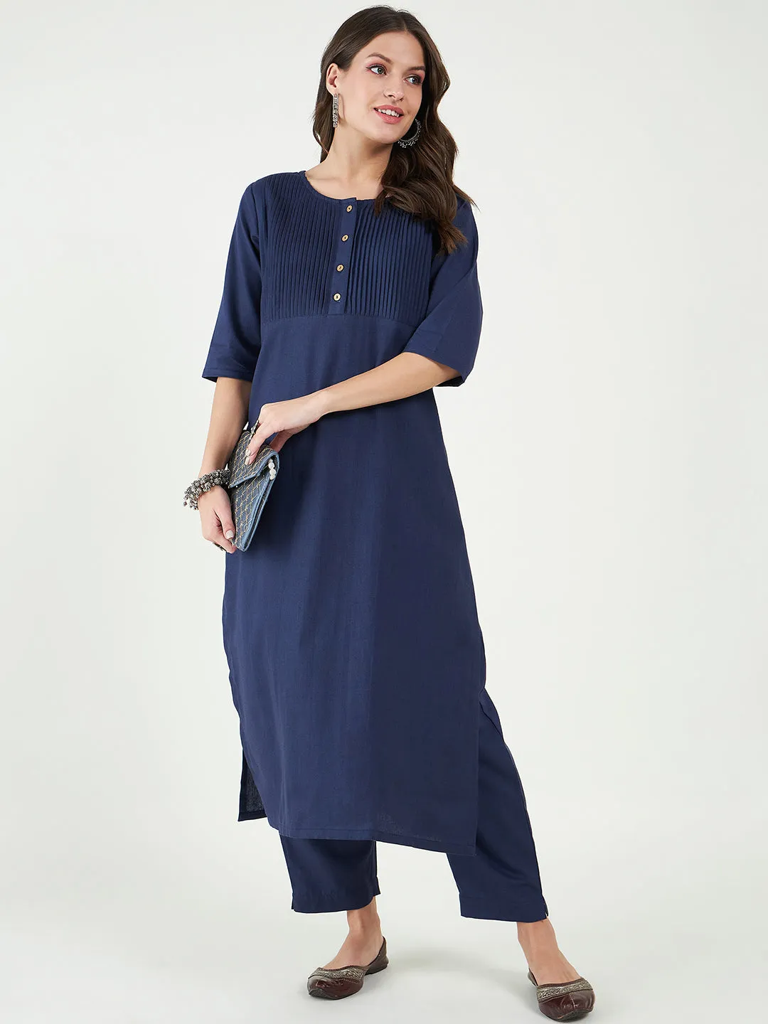 Women Cotton Round Neck A-Line Kurta with Trouser