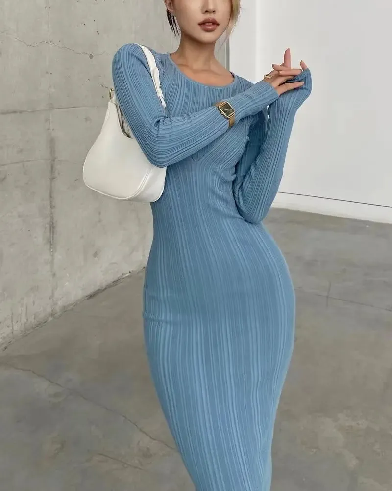 Women Geometric Knitted Stretchable Slim Dress Autumn Winter 4 Colors Long Sleeve Elegant Midi Dresses