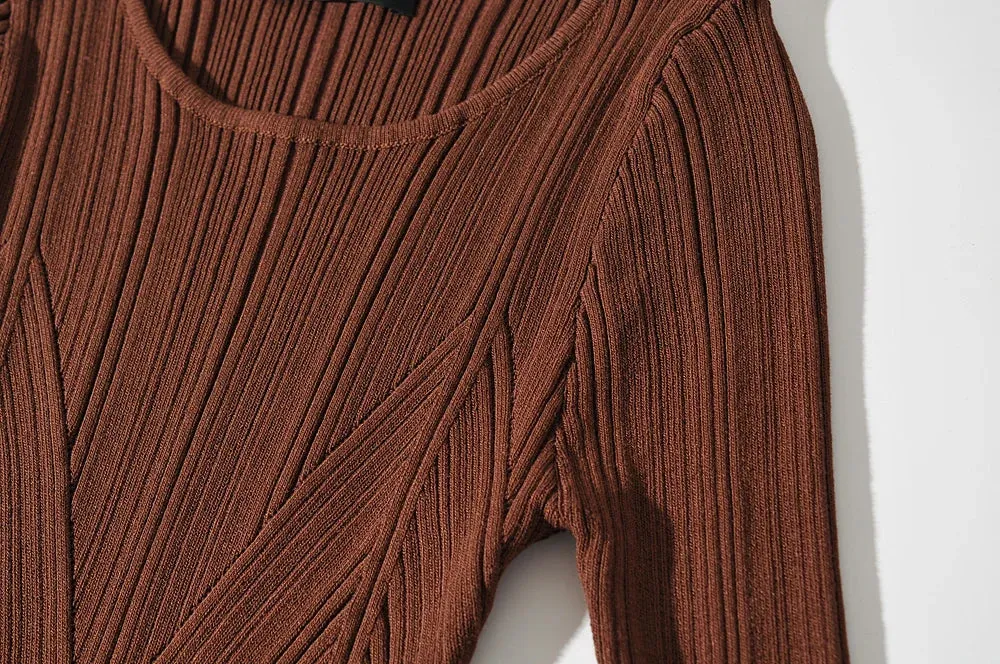 Women Geometric Knitted Stretchable Slim Dress Autumn Winter 4 Colors Long Sleeve Elegant Midi Dresses