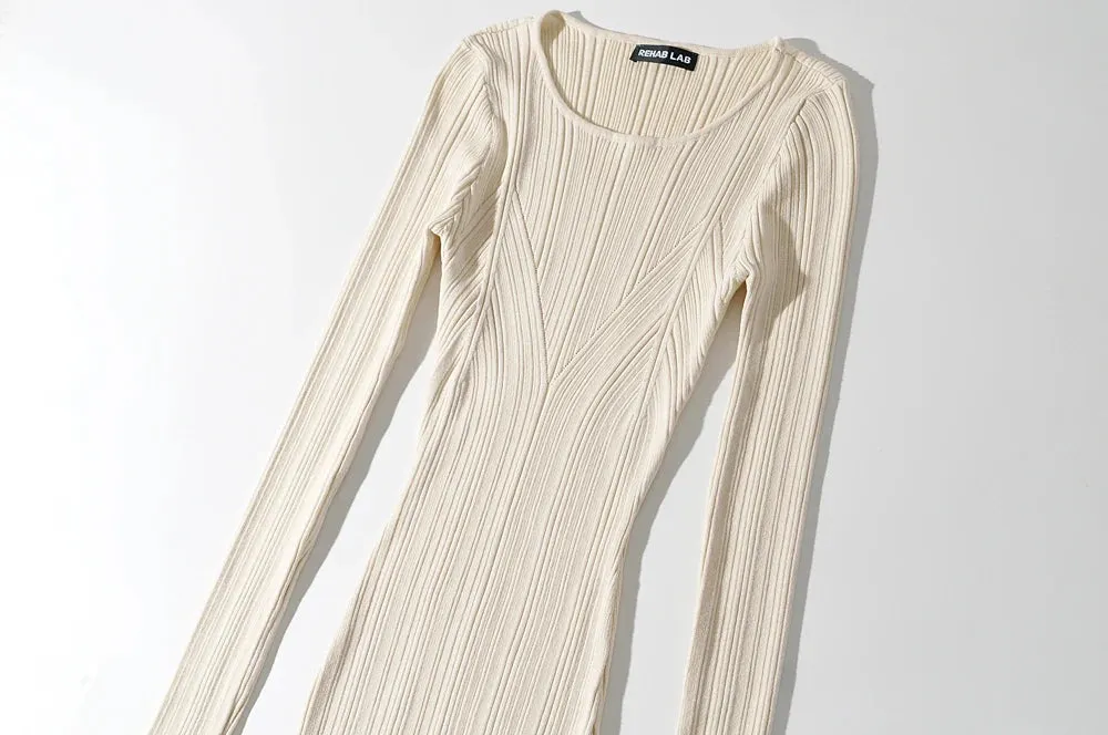 Women Geometric Knitted Stretchable Slim Dress Autumn Winter 4 Colors Long Sleeve Elegant Midi Dresses