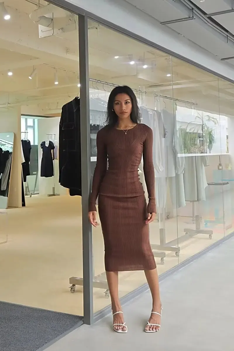 Women Geometric Knitted Stretchable Slim Dress Autumn Winter 4 Colors Long Sleeve Elegant Midi Dresses