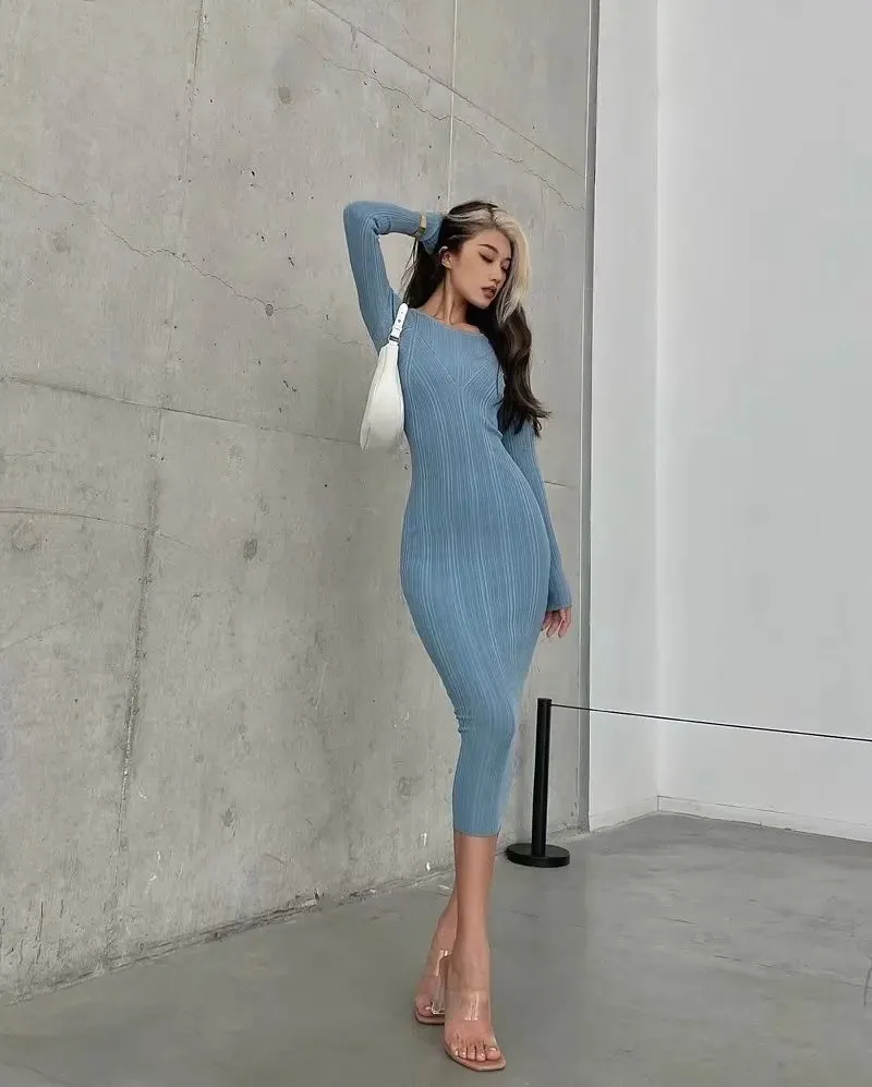 Women Geometric Knitted Stretchable Slim Dress Autumn Winter 4 Colors Long Sleeve Elegant Midi Dresses