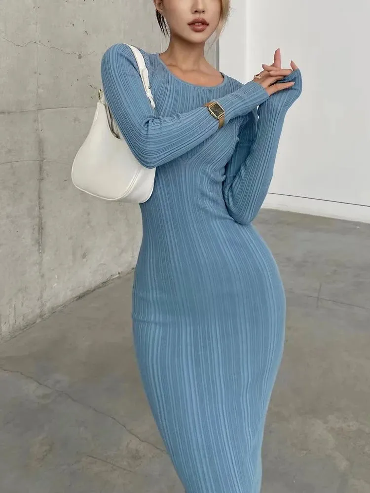 Women Geometric Knitted Stretchable Slim Dress Autumn Winter 4 Colors Long Sleeve Elegant Midi Dresses