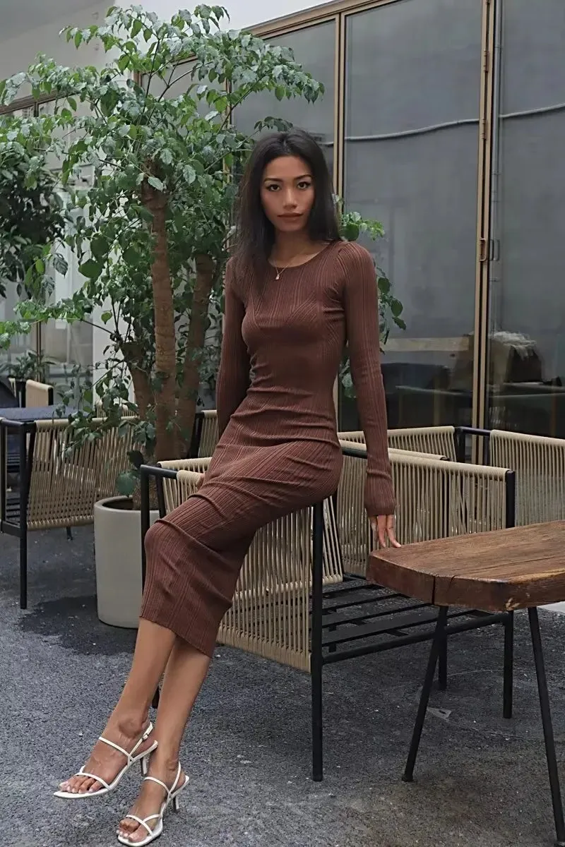 Women Geometric Knitted Stretchable Slim Dress Autumn Winter 4 Colors Long Sleeve Elegant Midi Dresses