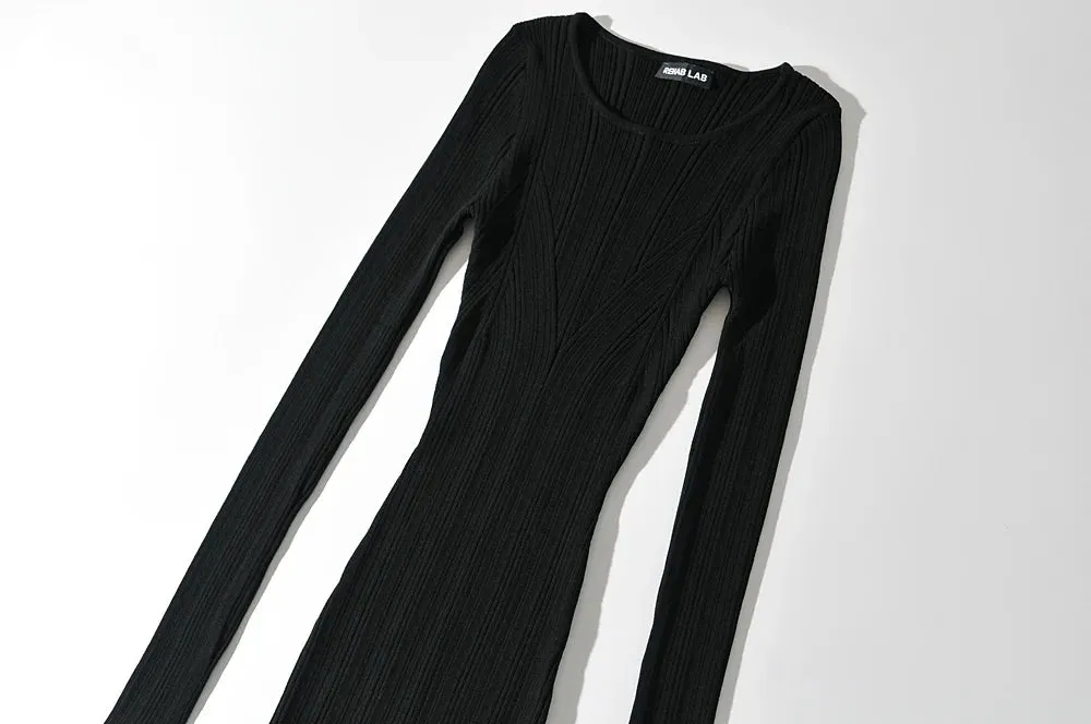 Women Geometric Knitted Stretchable Slim Dress Autumn Winter 4 Colors Long Sleeve Elegant Midi Dresses
