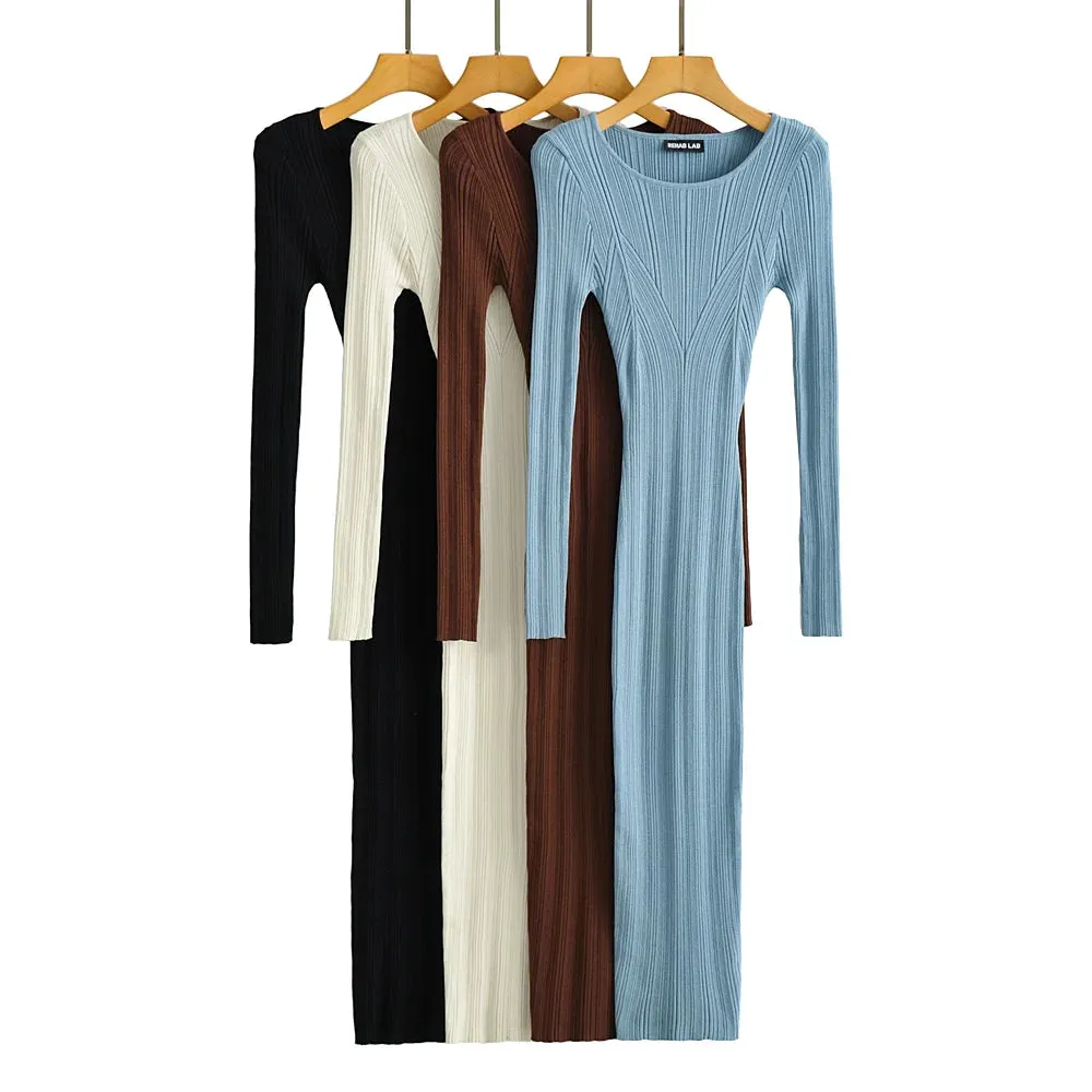 Women Geometric Knitted Stretchable Slim Dress Autumn Winter 4 Colors Long Sleeve Elegant Midi Dresses