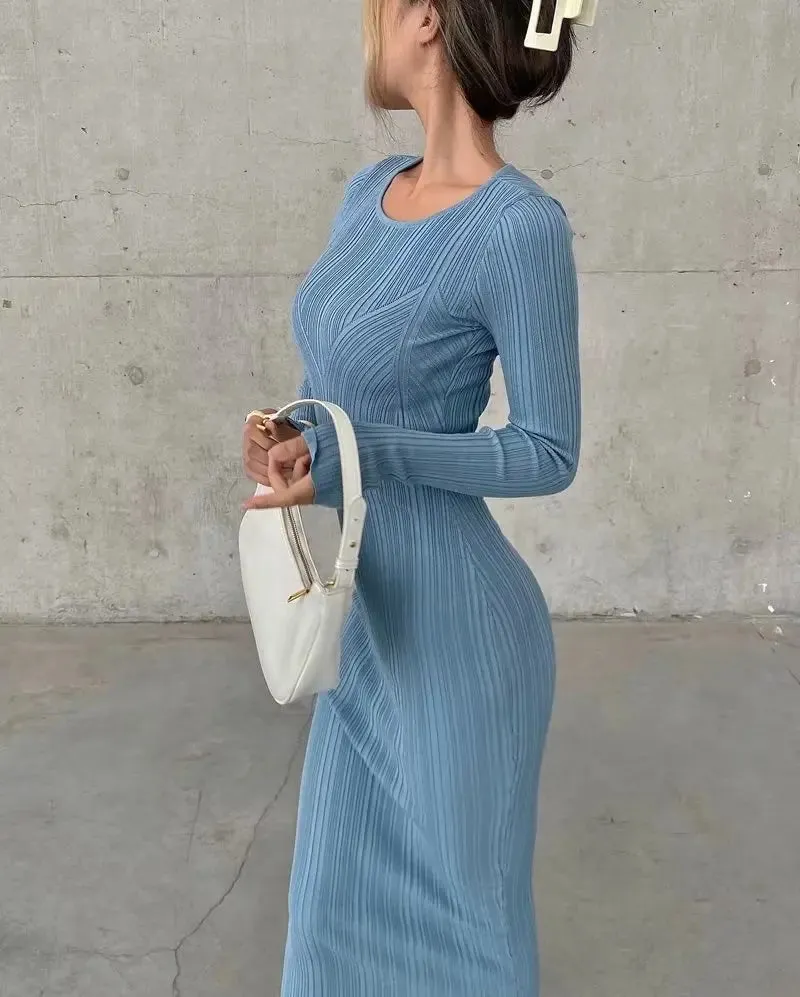 Women Geometric Knitted Stretchable Slim Dress Autumn Winter 4 Colors Long Sleeve Elegant Midi Dresses