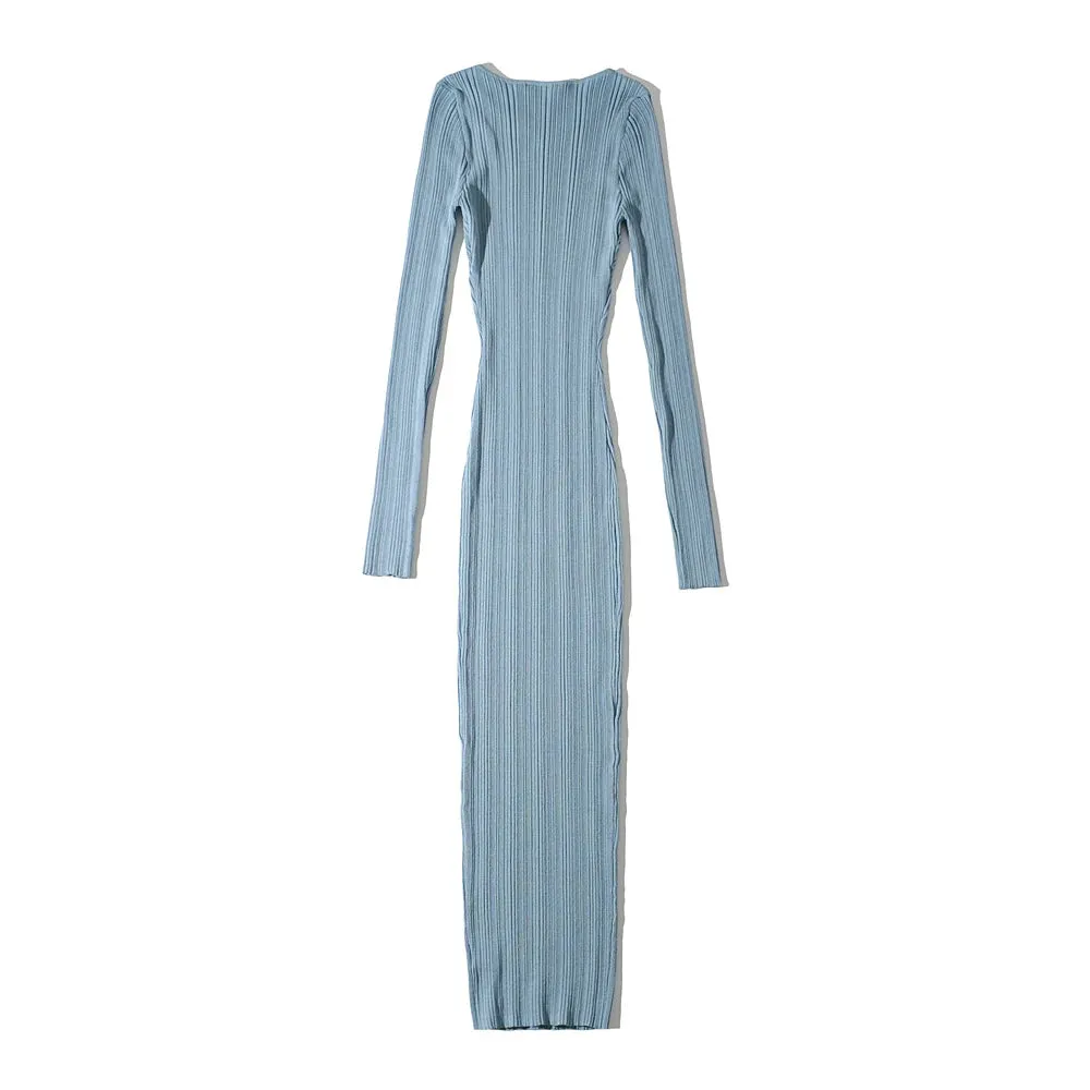 Women Geometric Knitted Stretchable Slim Dress Autumn Winter 4 Colors Long Sleeve Elegant Midi Dresses