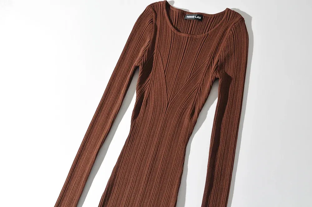 Women Geometric Knitted Stretchable Slim Dress Autumn Winter 4 Colors Long Sleeve Elegant Midi Dresses