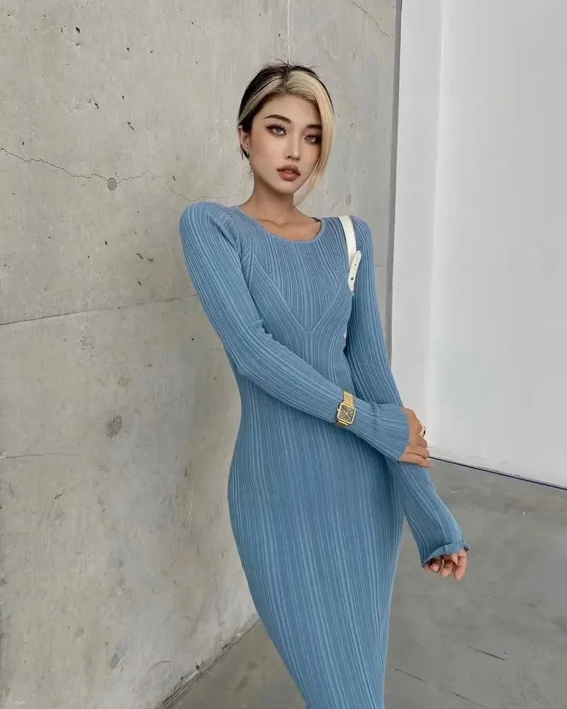 Women Geometric Knitted Stretchable Slim Dress Autumn Winter 4 Colors Long Sleeve Elegant Midi Dresses