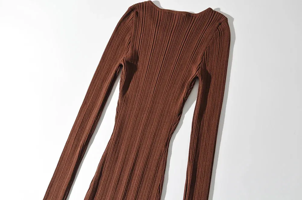 Women Geometric Knitted Stretchable Slim Dress Autumn Winter 4 Colors Long Sleeve Elegant Midi Dresses