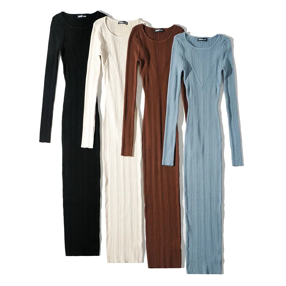 Women Geometric Knitted Stretchable Slim Dress Autumn Winter 4 Colors Long Sleeve Elegant Midi Dresses