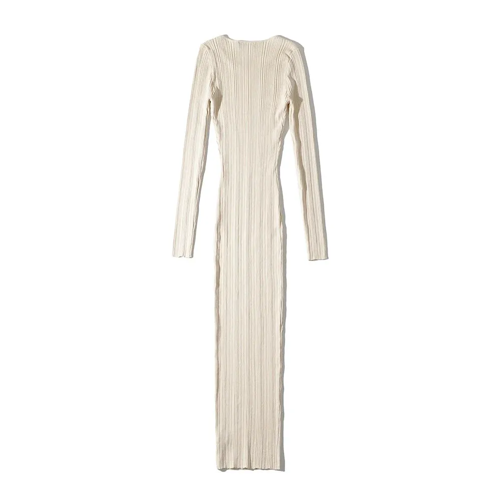 Women Geometric Knitted Stretchable Slim Dress Autumn Winter 4 Colors Long Sleeve Elegant Midi Dresses