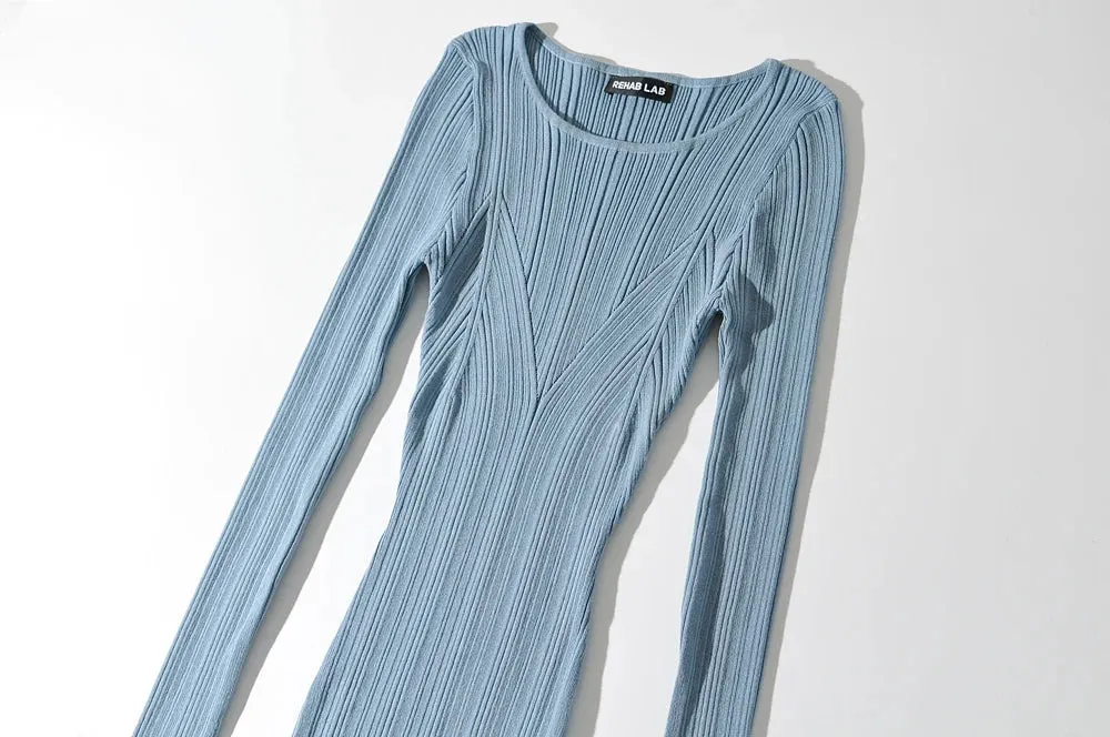 Women Geometric Knitted Stretchable Slim Dress Autumn Winter 4 Colors Long Sleeve Elegant Midi Dresses