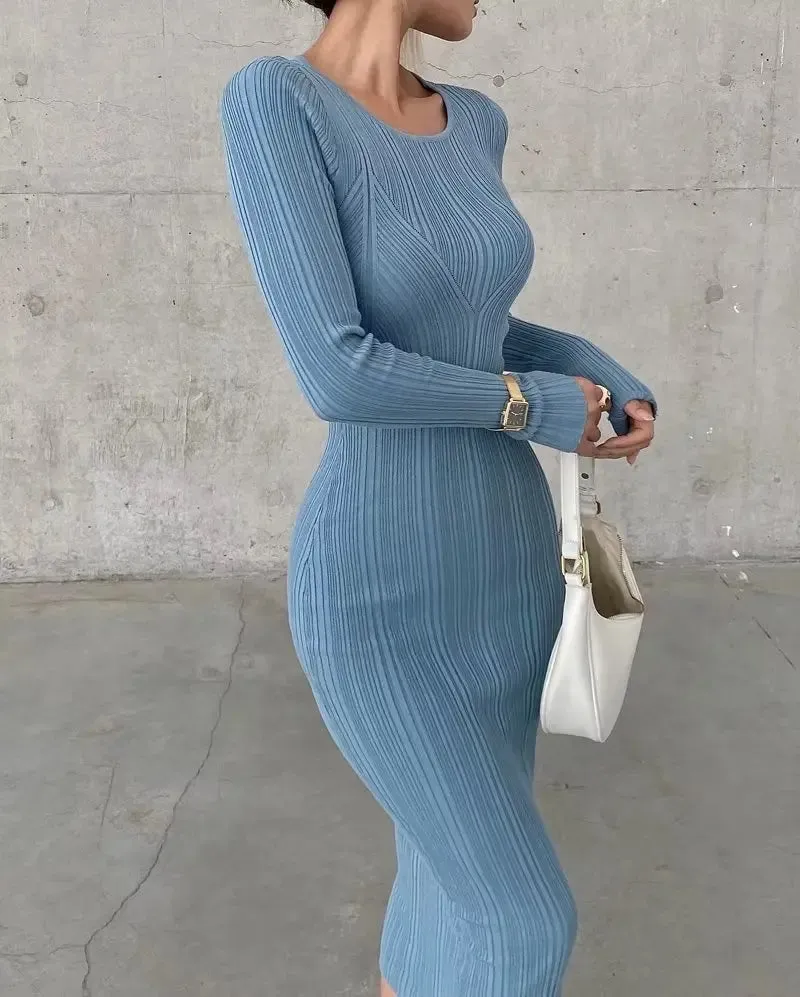 Women Geometric Knitted Stretchable Slim Dress Autumn Winter 4 Colors Long Sleeve Elegant Midi Dresses