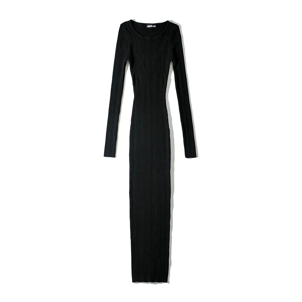 Women Geometric Knitted Stretchable Slim Dress Autumn Winter 4 Colors Long Sleeve Elegant Midi Dresses