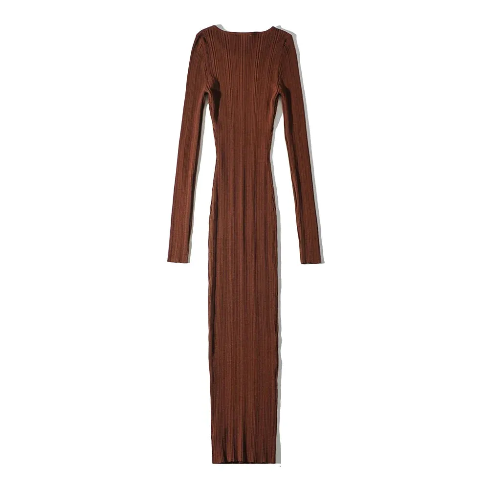 Women Geometric Knitted Stretchable Slim Dress Autumn Winter 4 Colors Long Sleeve Elegant Midi Dresses
