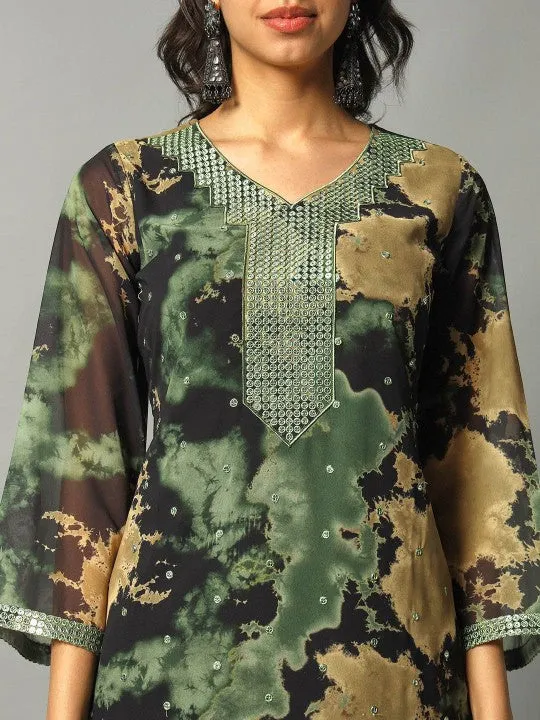 Women Printed Regular Mirror Work Kurta with Trousers & With Dupatta