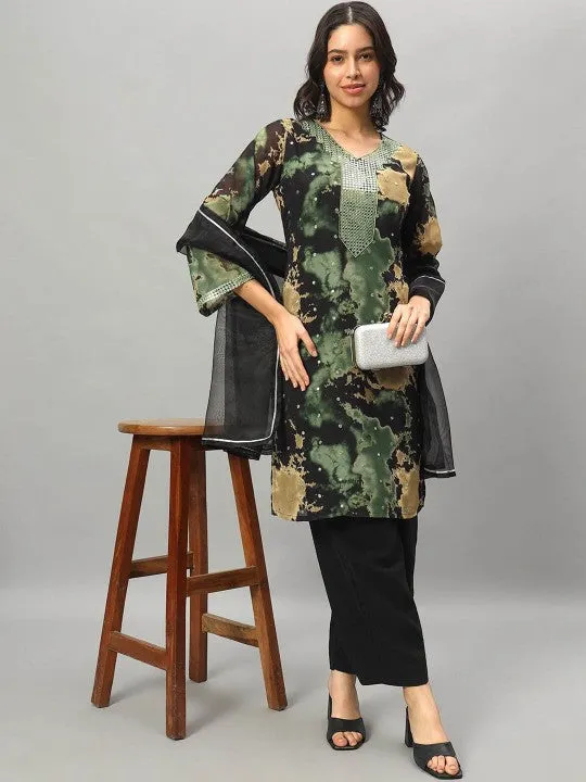 Women Printed Regular Mirror Work Kurta with Trousers & With Dupatta