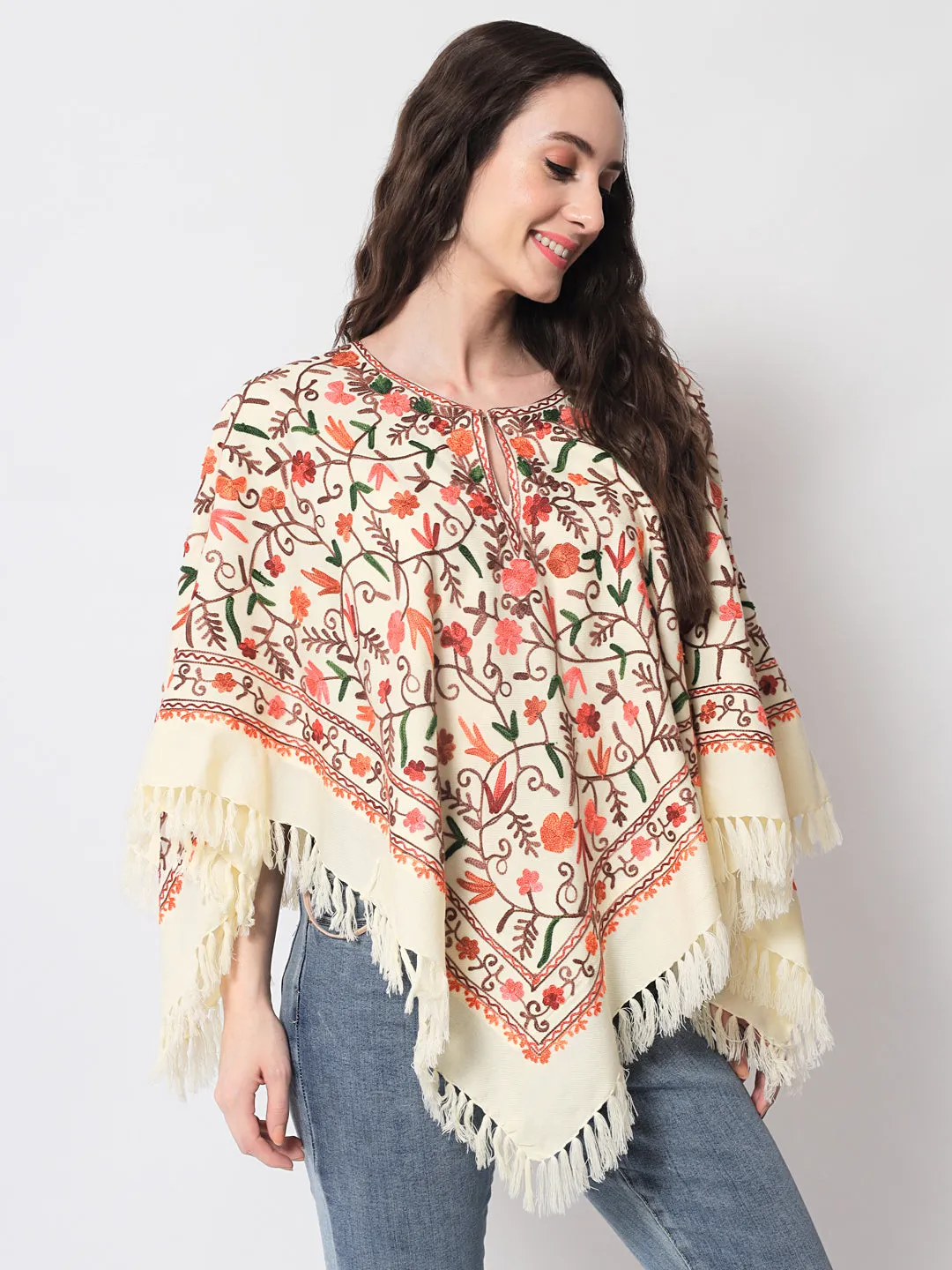 Woolen Kashmiri Poncho with Jaal Embroidery and Silk Lining | White