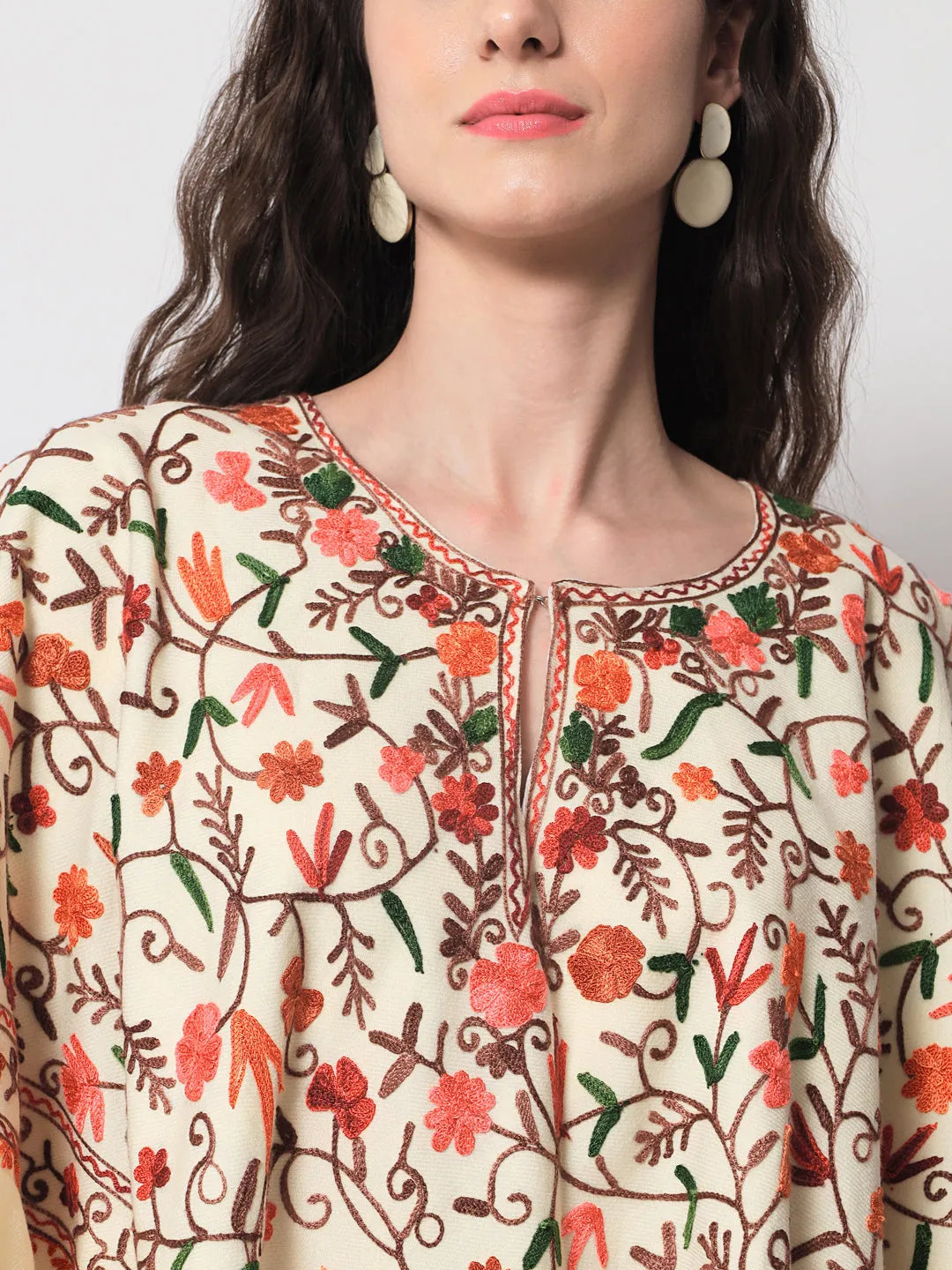 Woolen Kashmiri Poncho with Jaal Embroidery and Silk Lining | White