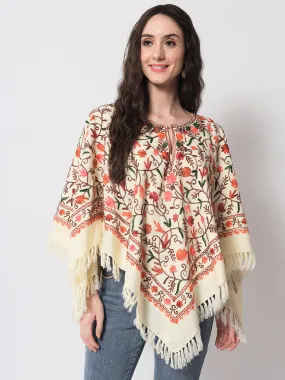 Woolen Kashmiri Poncho with Jaal Embroidery and Silk Lining | White