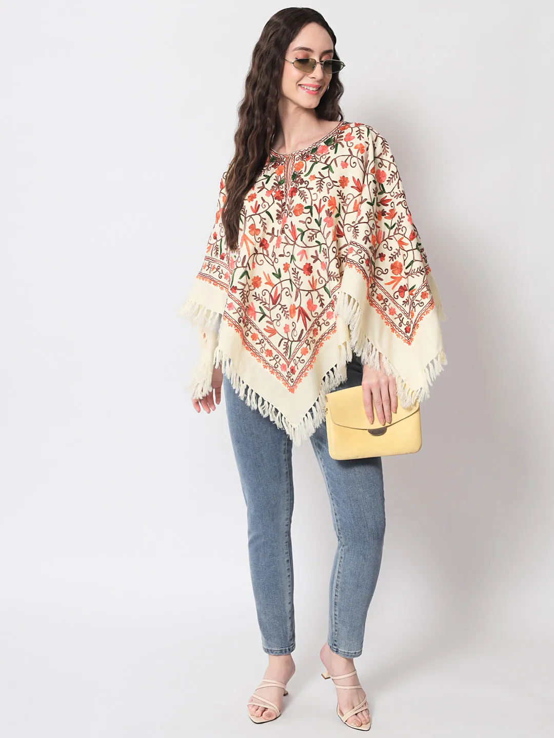 Woolen Kashmiri Poncho with Jaal Embroidery and Silk Lining | White