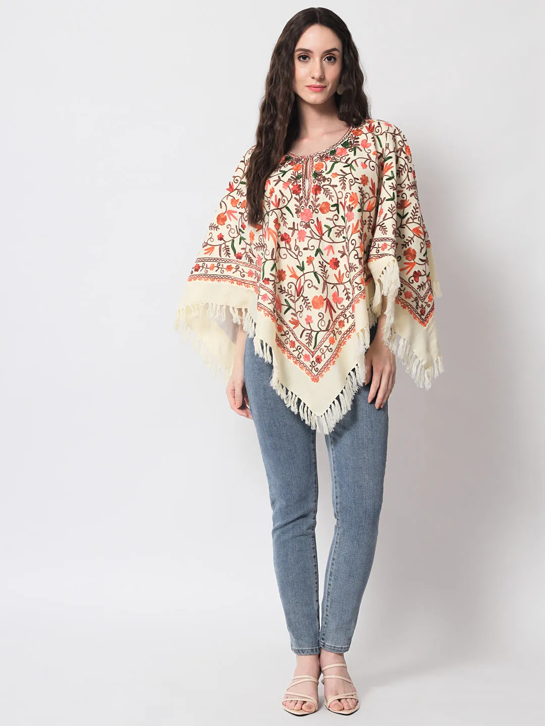 Woolen Kashmiri Poncho with Jaal Embroidery and Silk Lining | White