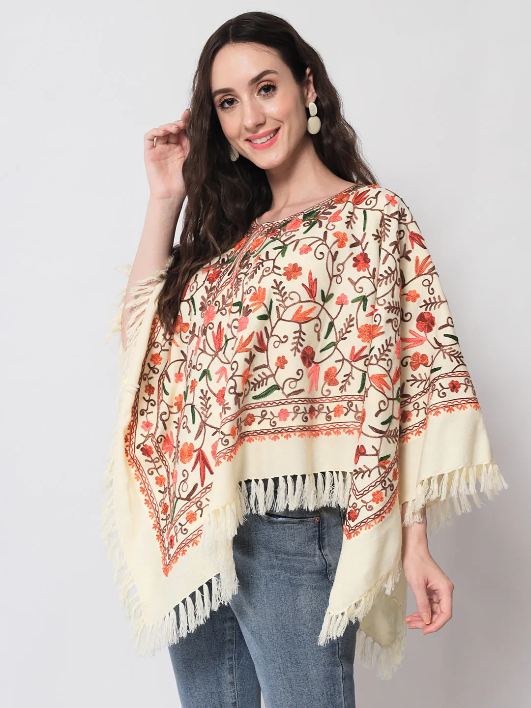 Woolen Kashmiri Poncho with Jaal Embroidery and Silk Lining | White