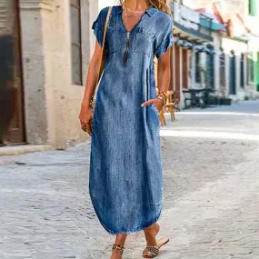 Zipper Pockets Midi Denim Dress